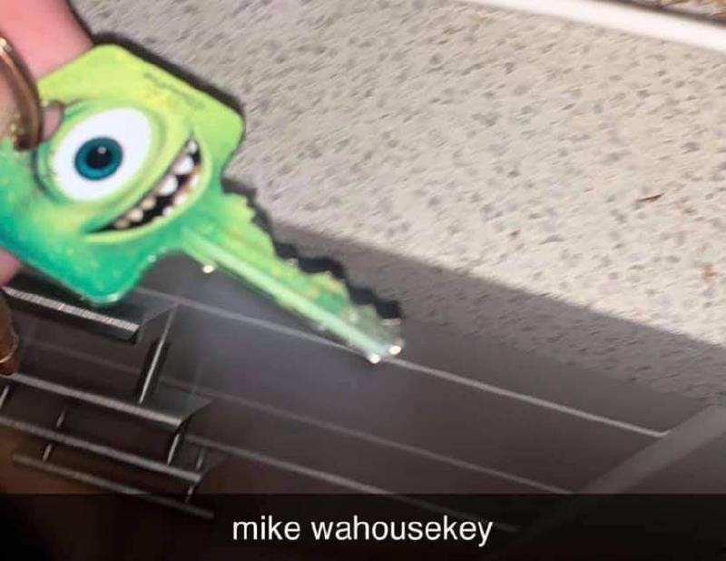 Ein Meme, das einen Schlüssel mit Aufdruck von Mike Wazowski zeigt, zusammen mit der Bildunterschrift ‘mike wahousekey’